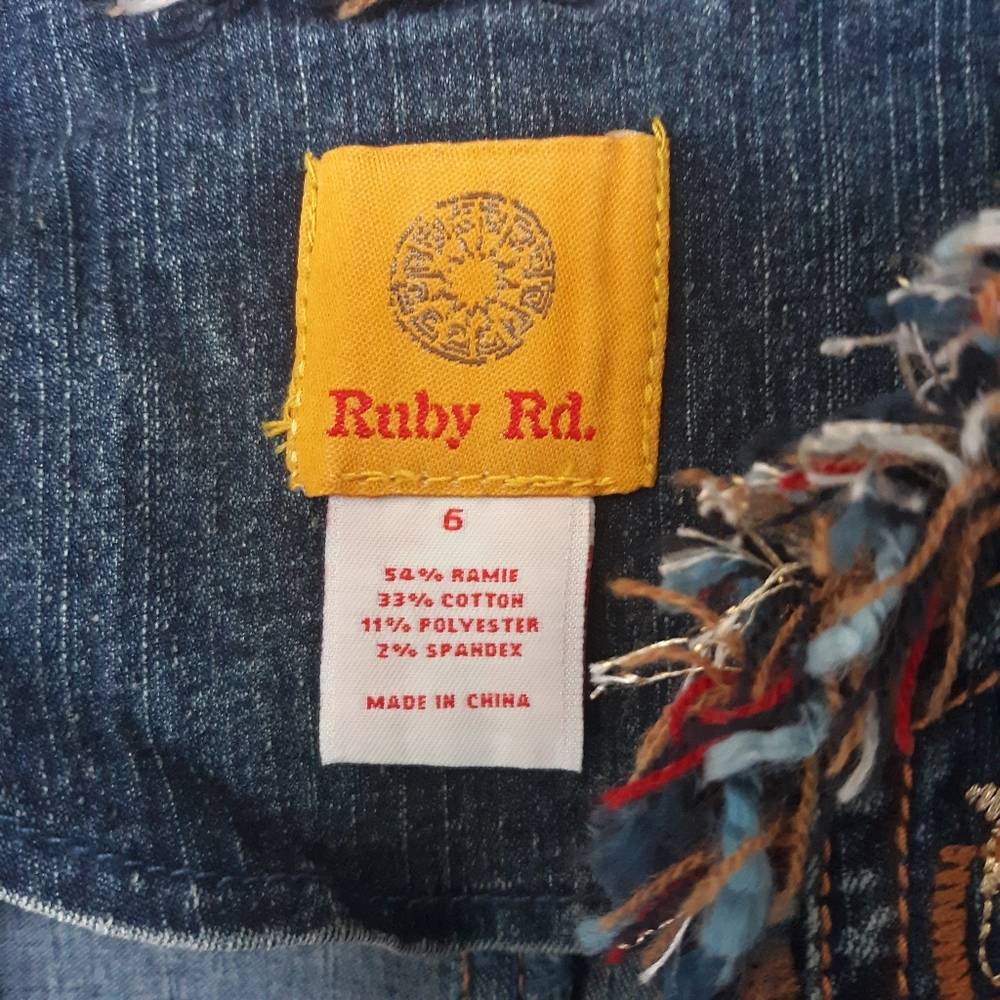 Ruby Rd Embroidered Denim Fringe Blue Jean Jacket - Picture 5 of 7
